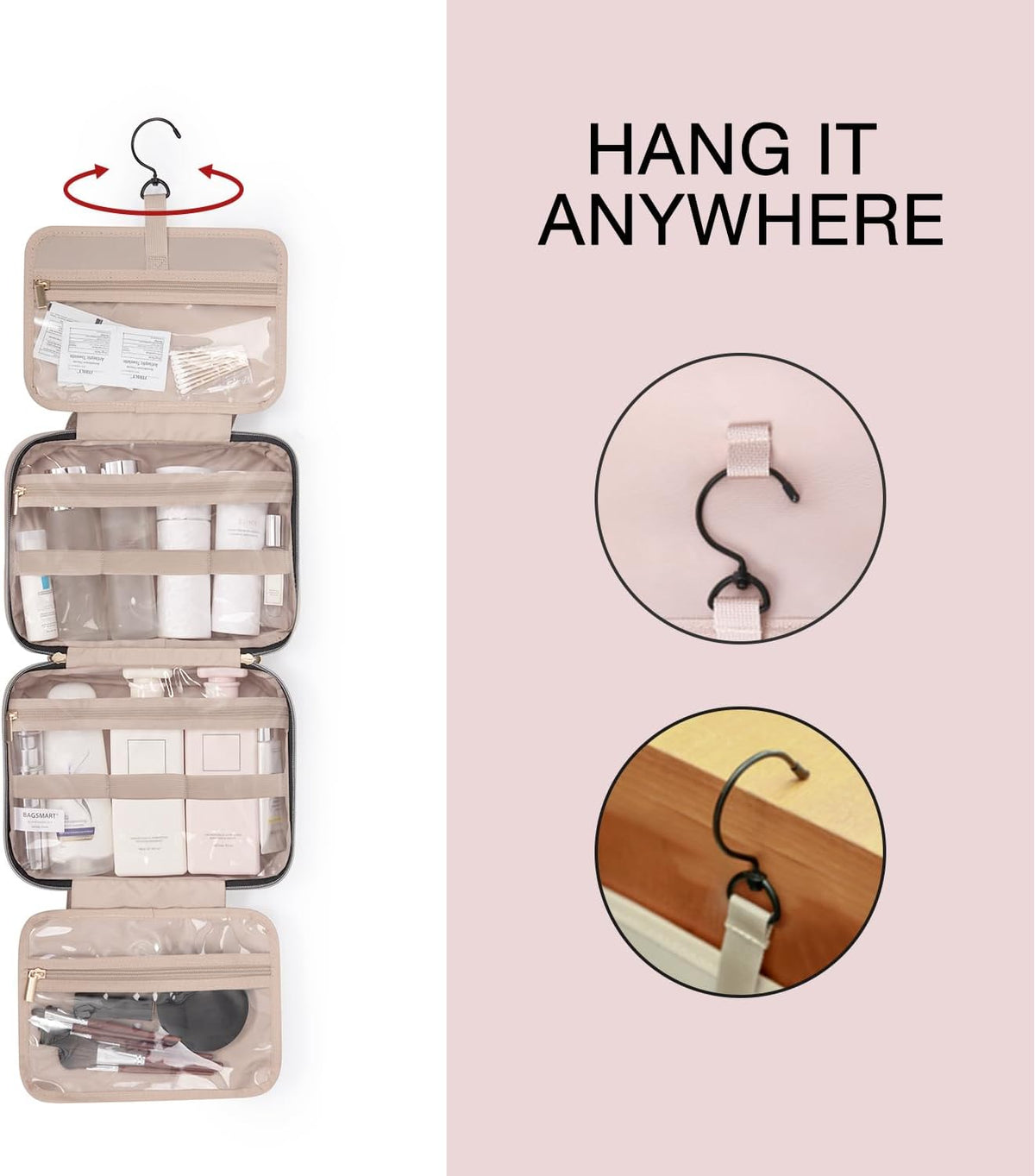 Hanging Travel Toiletry Bag 360° Hook for Full Size Bottle, Medium