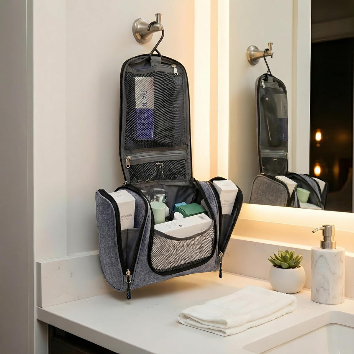 Large Waterproof Hanging Toiletry and Makeup Organizer Bag for Travel - Essential Accessories for Men and Women (Snowgray)