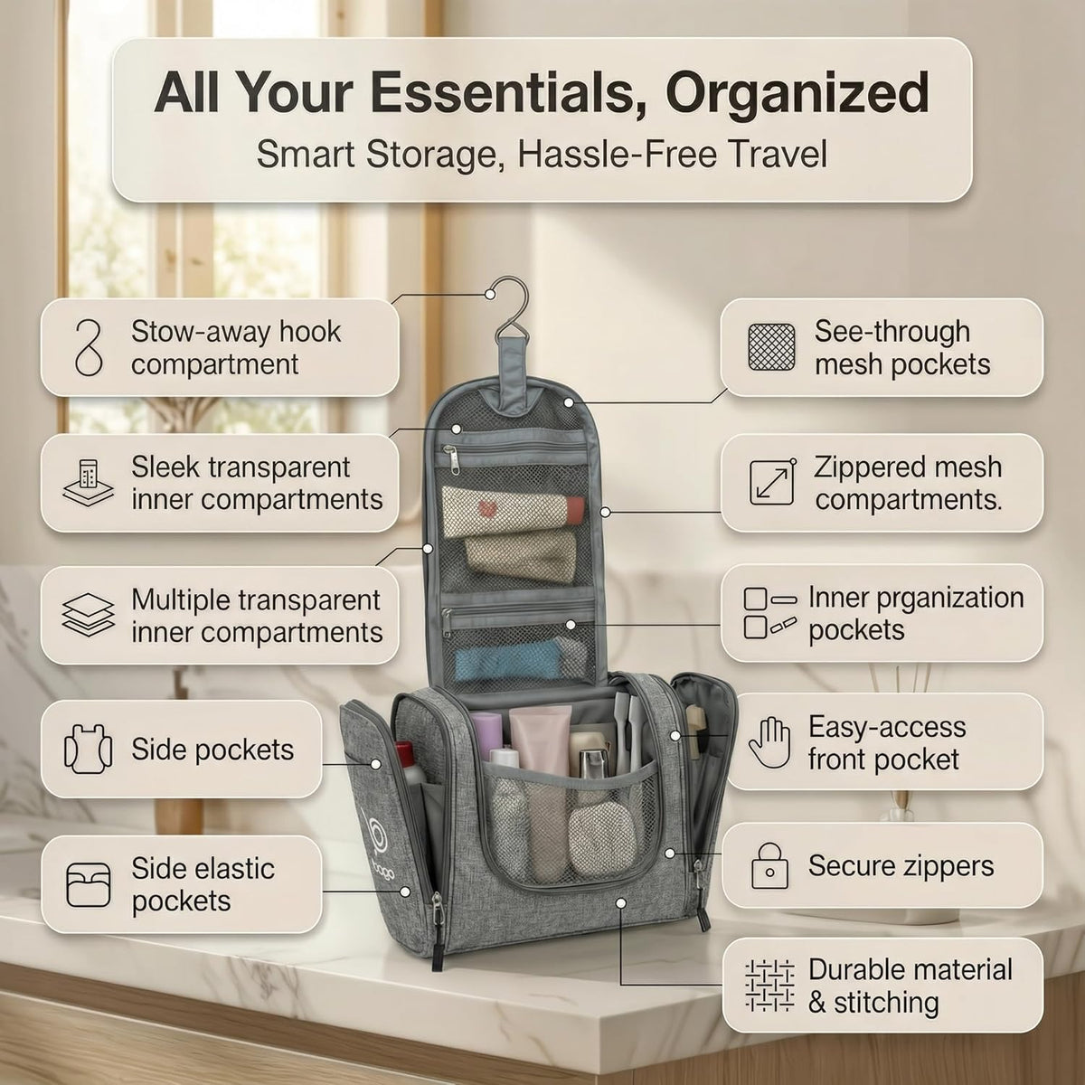 Large Waterproof Hanging Toiletry and Makeup Organizer Bag for Travel - Essential Accessories for Men and Women (Snowgray)